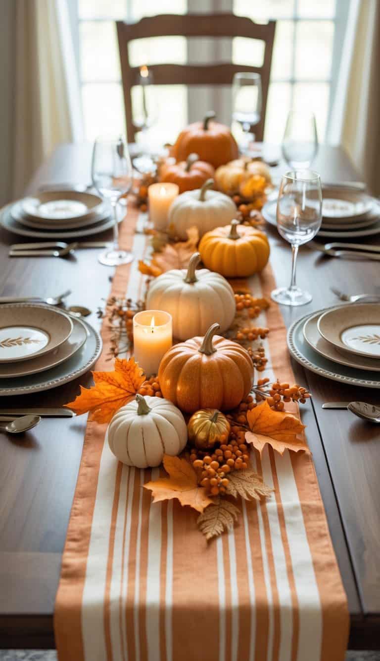 A Thanksgiving table set with an orange and cream striped table runner, decorated with pumpkins, candles, and autumn leaves.