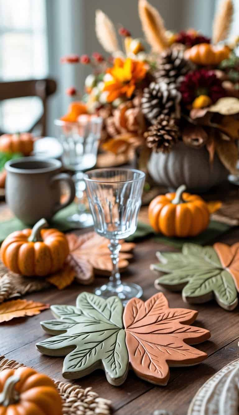 A Thanksgiving table set with handmade clay leaf coasters under glasses, surrounded by autumn decorations like pumpkins and dried leaves.