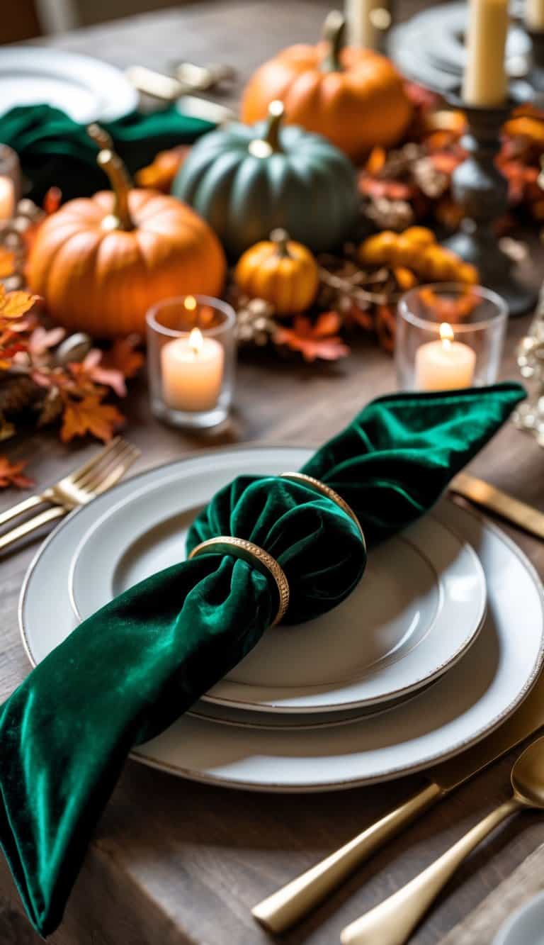 A Thanksgiving table set with deep green velvet napkin rings on folded napkins, surrounded by autumn decorations like pumpkins and fall leaves.