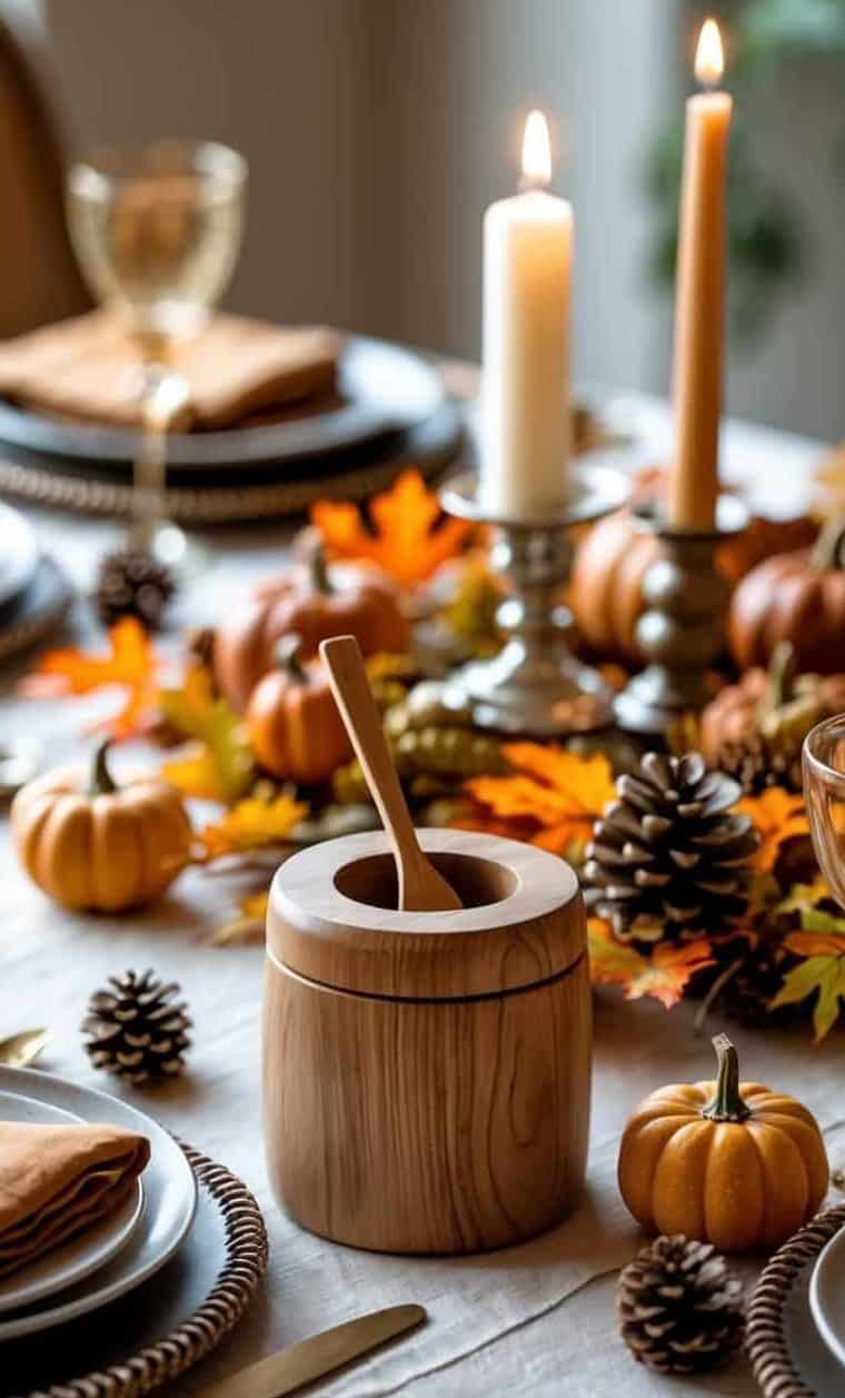 A Thanksgiving table setting with candles, pinecones, small pumpkins, autumn leaves, plates, utensils, and a wooden container with a spoon on a white tablecloth.