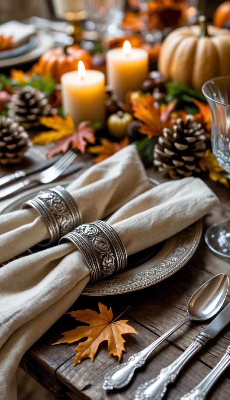 Close-up of antique silver napkin rings on folded napkins at a Thanksgiving table decorated with fall leaves, pumpkins, and candles.
