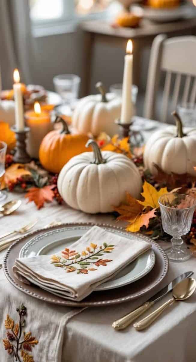 A dining table set for autumn with white and orange pumpkins, candles, fall leaves, embroidered napkins, and elegant glassware and cutlery.