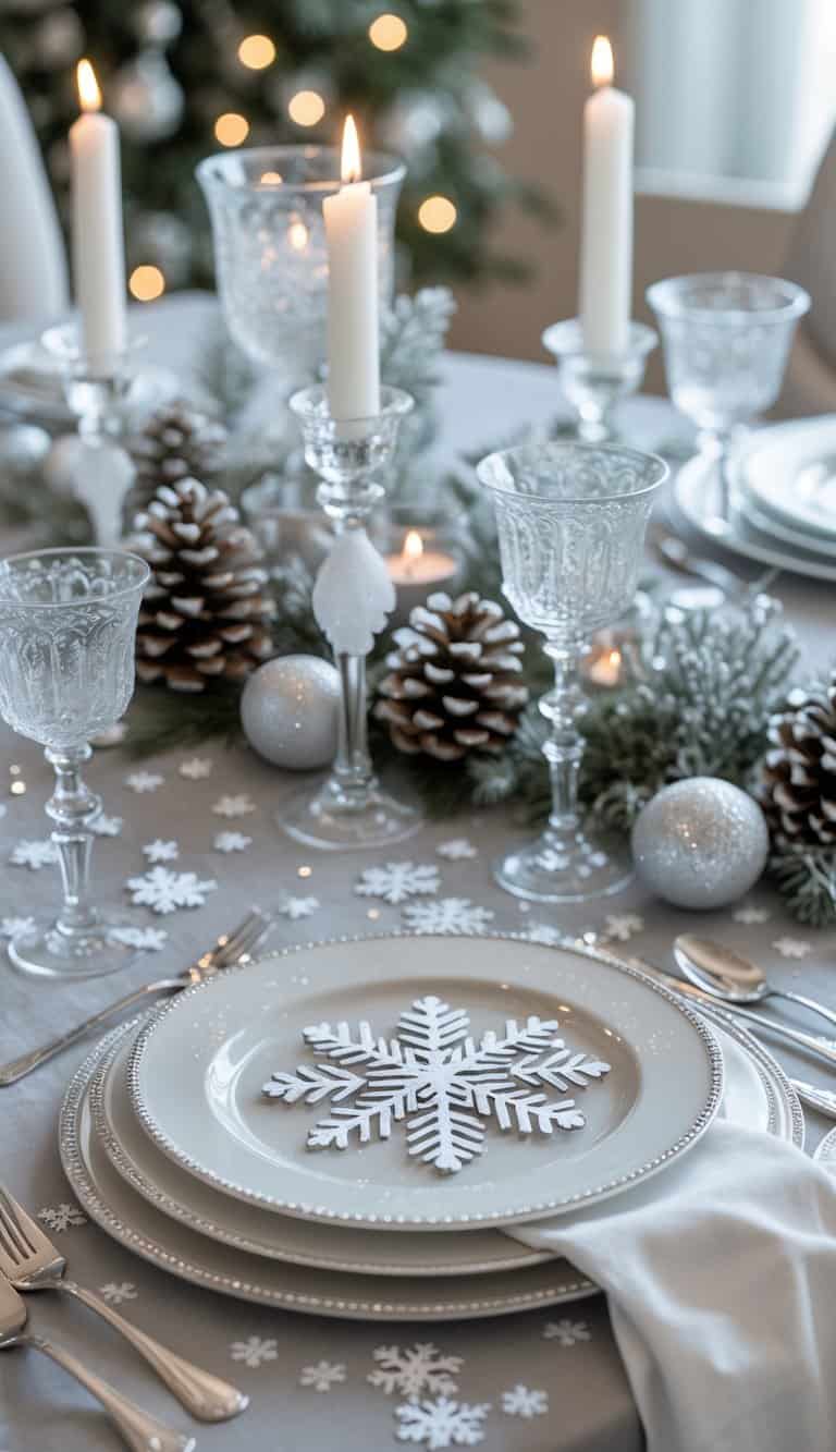 A winter-themed table setting with snowflake-shaped confetti scattered on the table, surrounded by candles, glassware, and festive decorations.