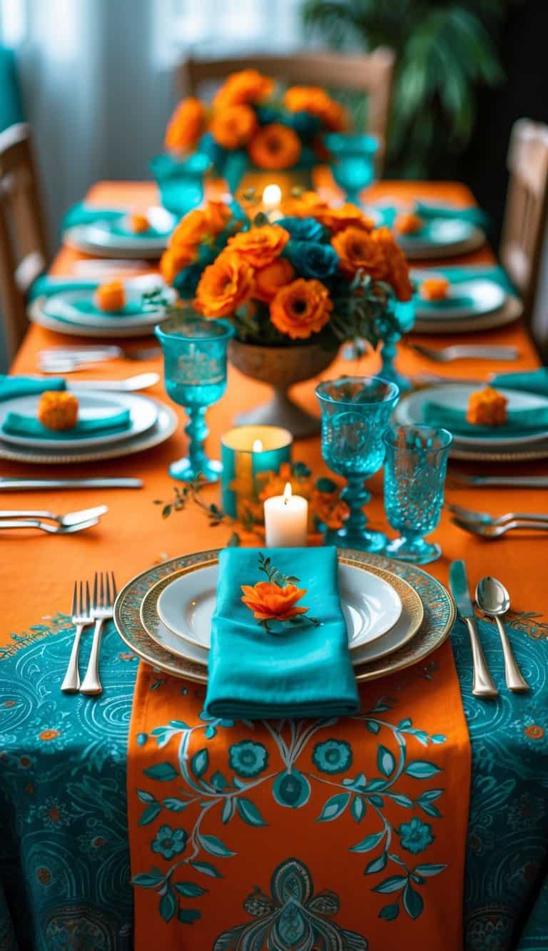A table set with orange and teal patterned tablecloth, orange plates, glassware, and floral centerpieces.