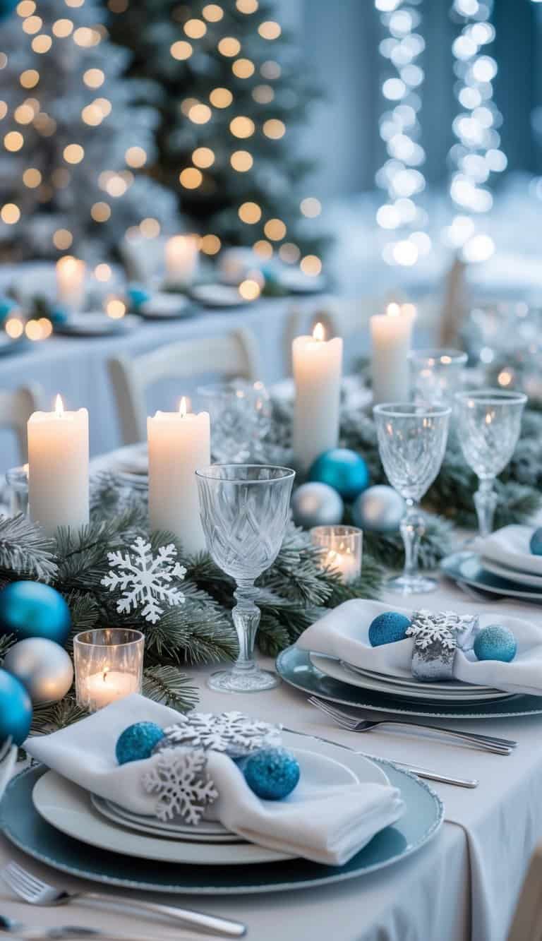 Tables set for a winter-themed celebration with snowflake napkin rings, candles, pine branches, and festive decorations.