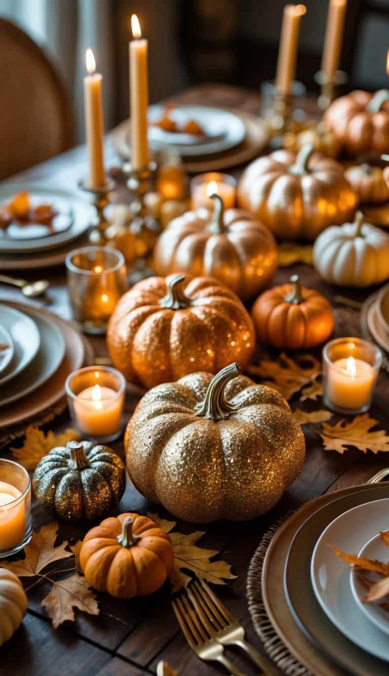 A table decorated with orange and gold glittered pumpkins, candles, dried leaves, and fall-themed tableware.