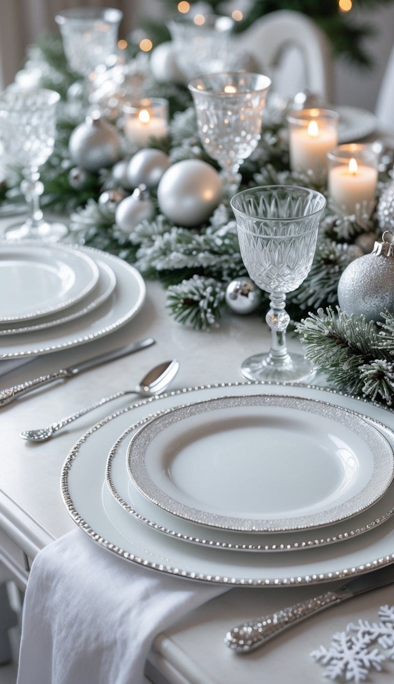 A winter-themed table setting with white plates that have silver rims, decorated with pine branches, ornaments, candles, and glassware.