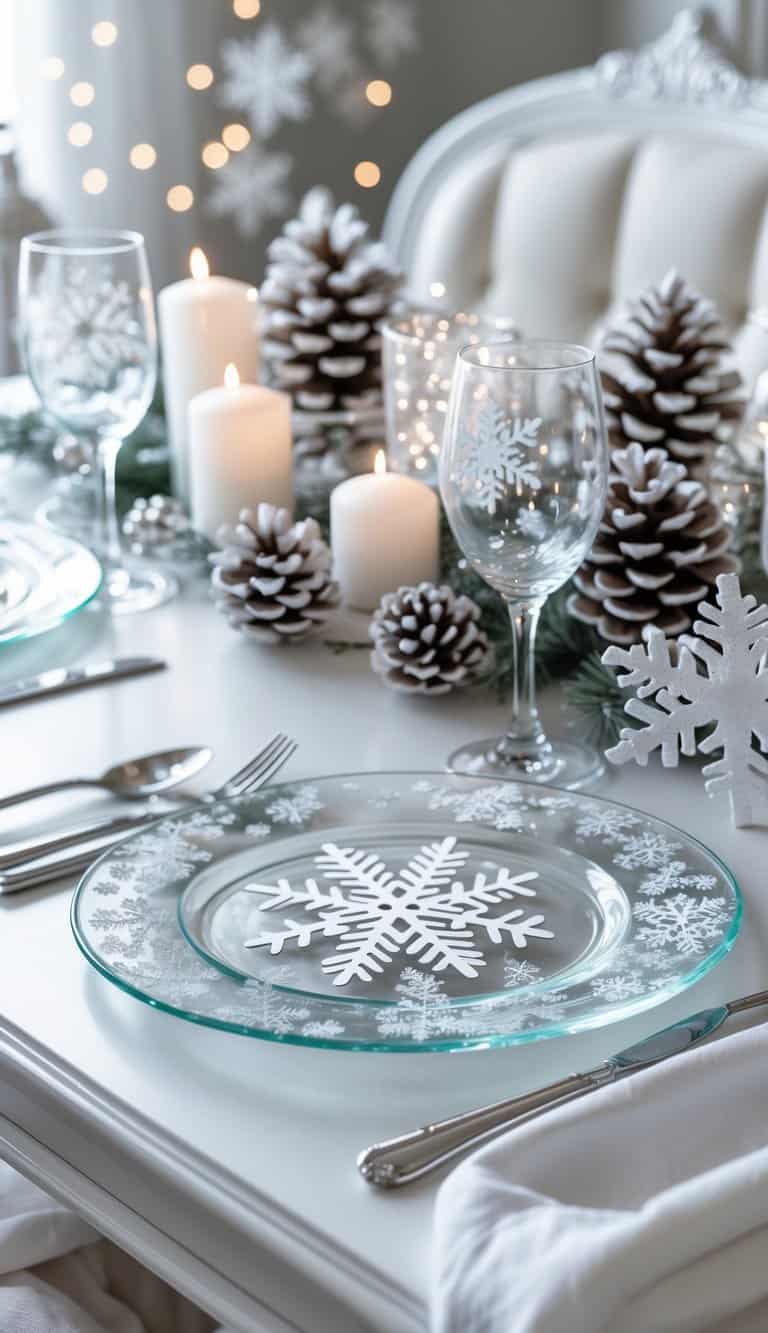 A winter-themed table setting with clear plates placed over snowflake cutouts, decorated with white and silver accents and candles.