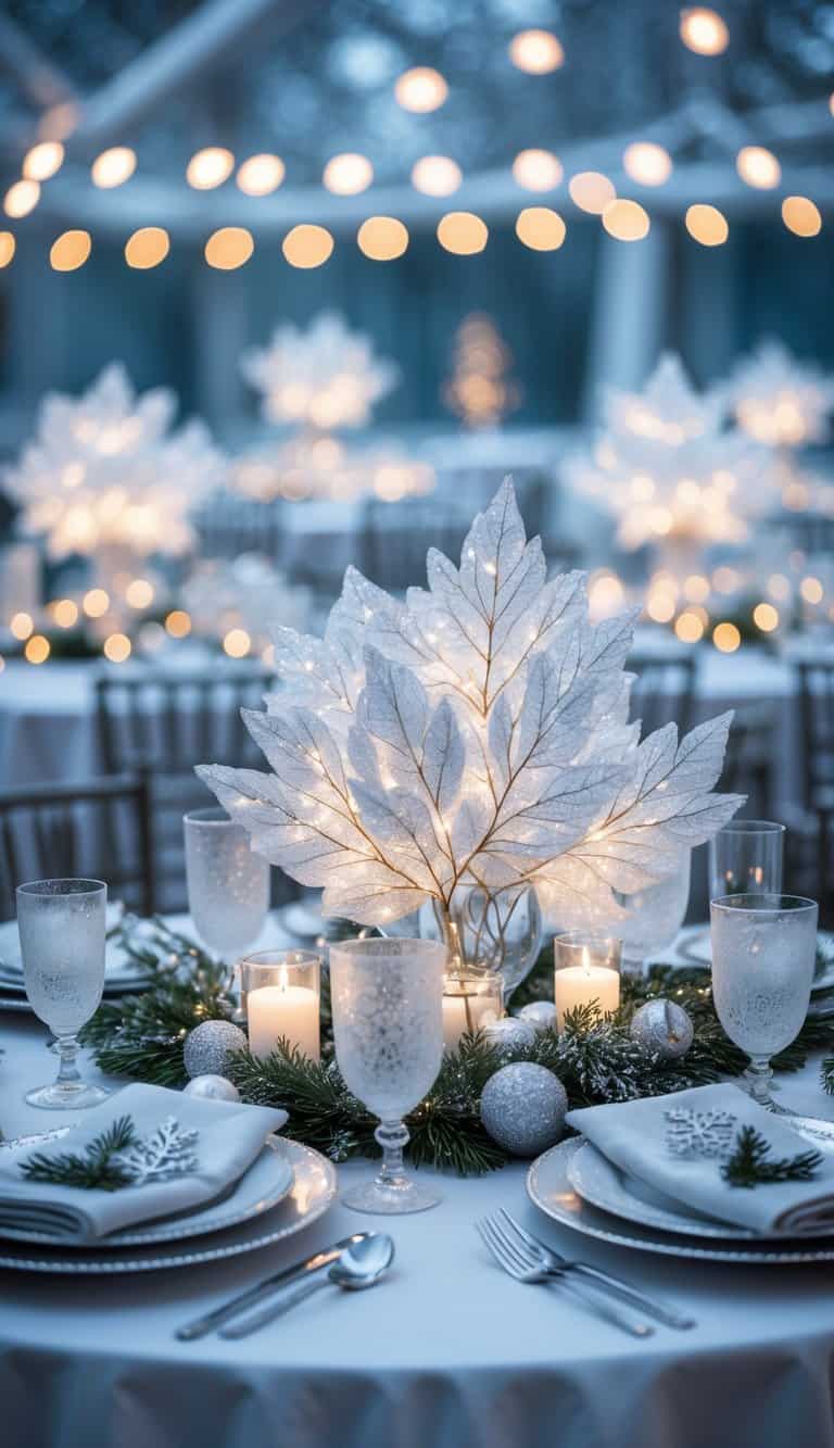 A winter tablescape with white glittered leaves as centerpieces on multiple decorated tables.