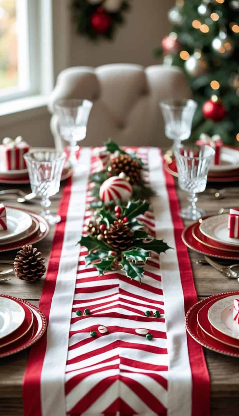 A holiday dining table with a red and white striped table runner, decorated with plates, glasses, silverware, pine cones, holly berries, and small gifts.