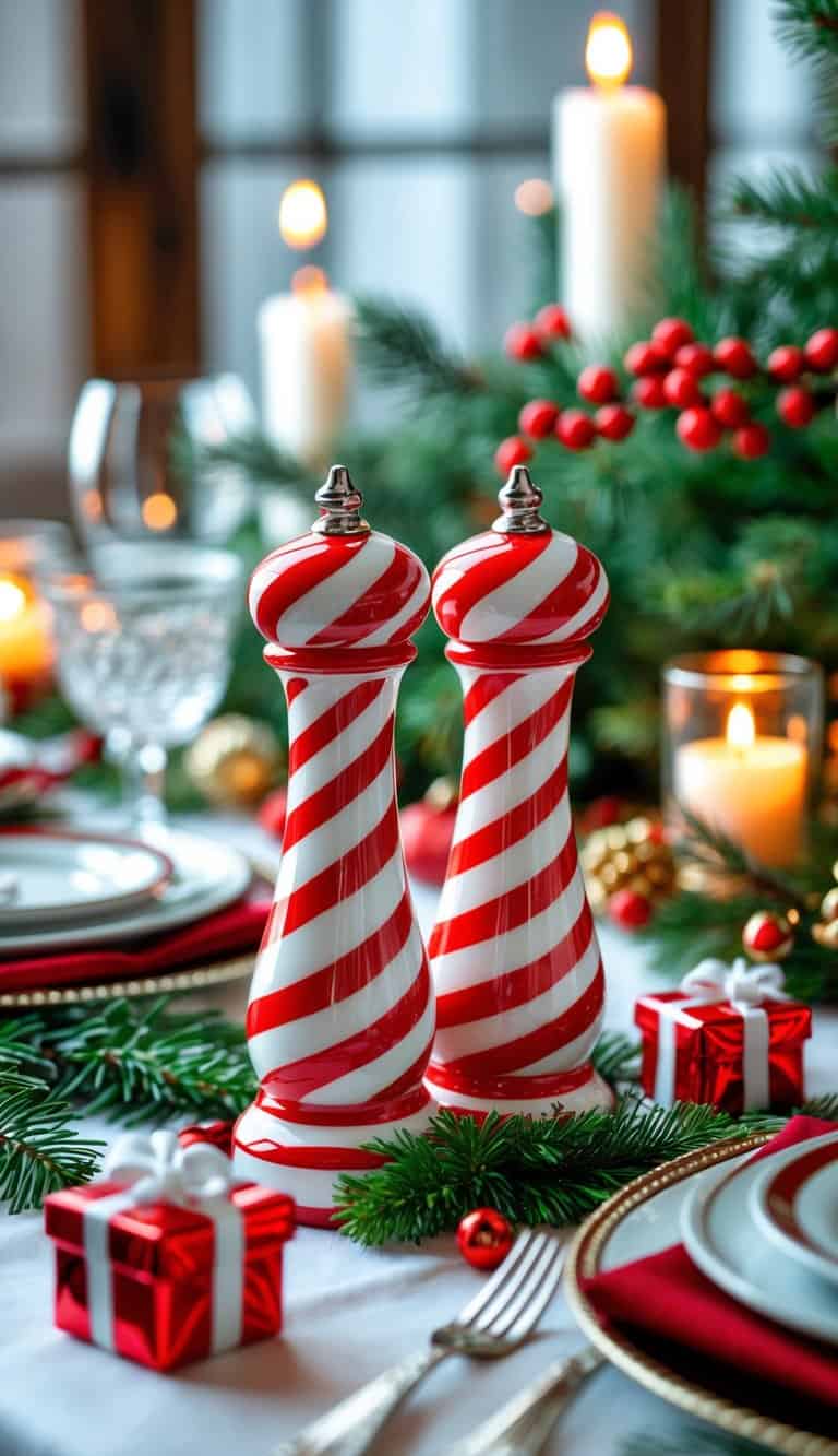 A holiday dining table with candy cane shaped salt and pepper shakers surrounded by festive decorations and tableware.