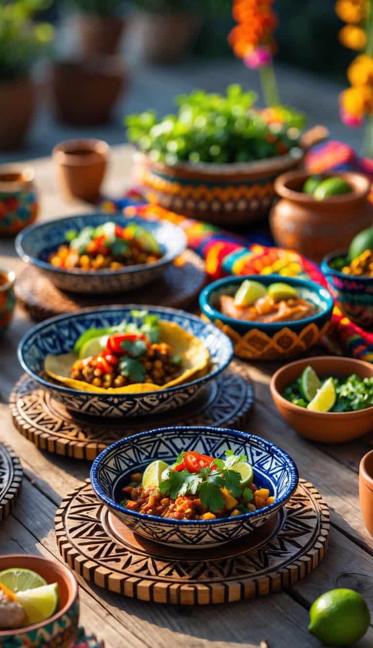 A wooden table set outdoors with handcrafted wooden trivets, colorful Mexican dishes, and fresh ingredients arranged for a meal.