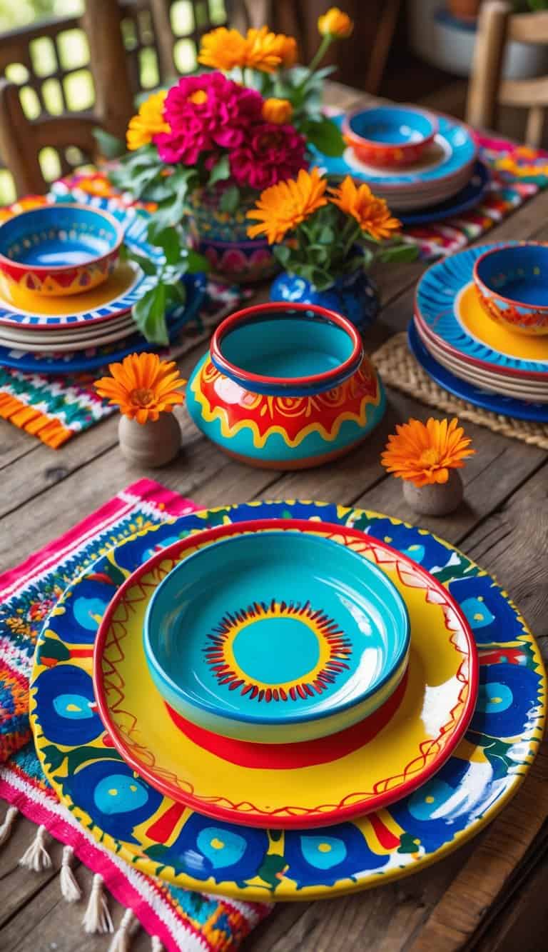 A wooden table set with brightly colored ceramic plates featuring traditional Mexican patterns, surrounded by woven placemats and fresh flowers.
