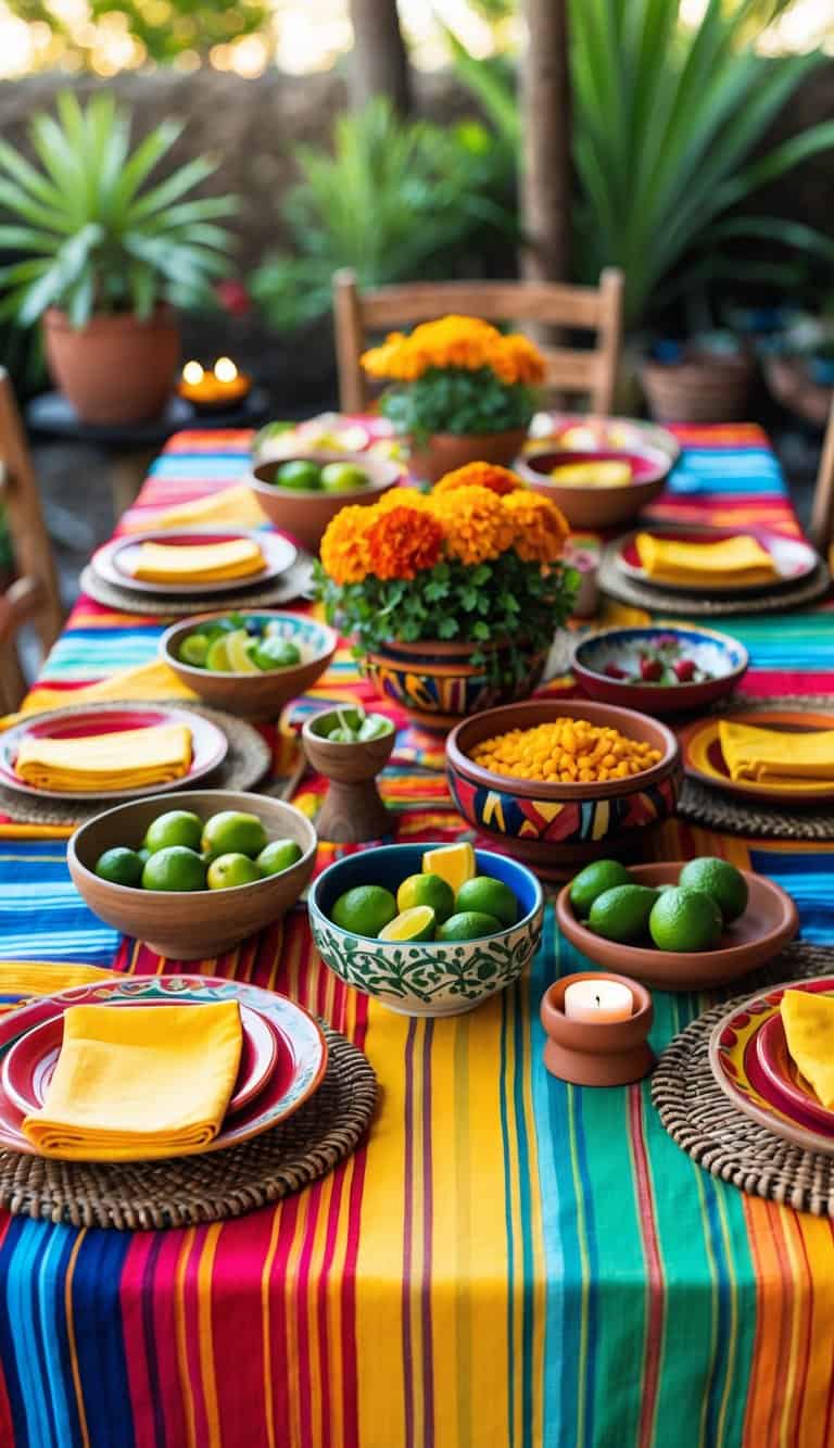 A colorful outdoor Mexican table setting with striped tablecloths, pottery, fresh ingredients, and flowers.