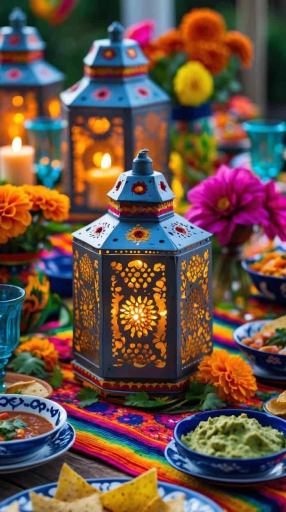 A decorated table with colorful flowers, blue patterned lanterns with lit candles, blue dishware, and various bowls of food, including guacamole and tortilla chips.