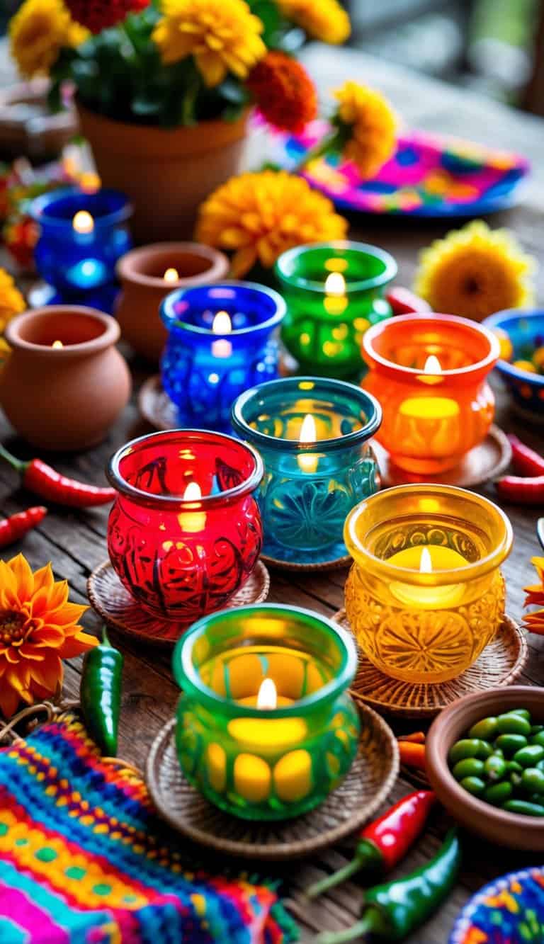 A wooden table decorated with colorful Mexican glass votive candle holders, fresh flowers, and traditional woven textiles.
