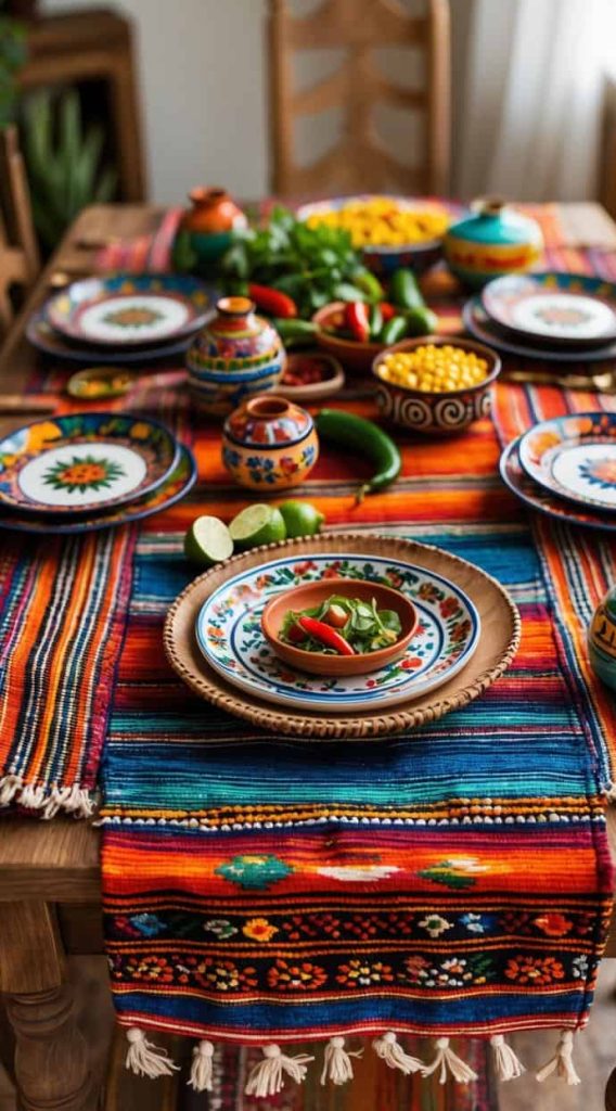 A wooden table set with colorful, traditional Mexican plates, bowls, and food, featuring vibrant woven table runners and fresh vegetables.