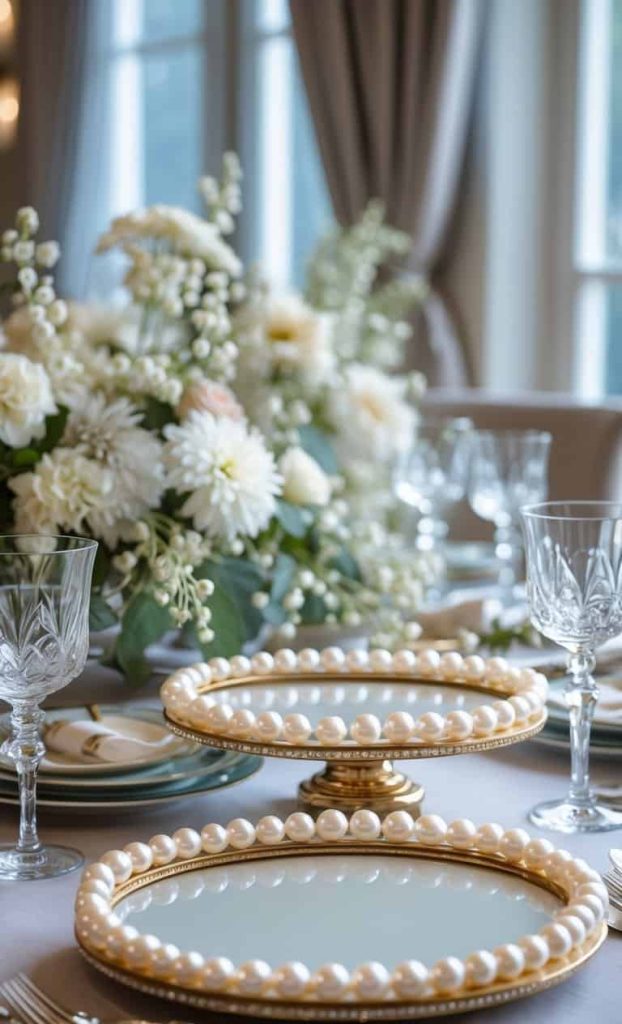 Elegant table setting with pearl-edged plates on stands, crystal glassware, and a centerpiece of white flowers on a light tablecloth by a window.