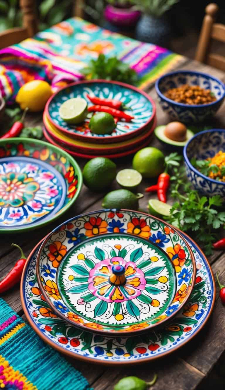 A colorful table setting with hand-painted ceramic serving platters and fresh ingredients arranged on a wooden table.