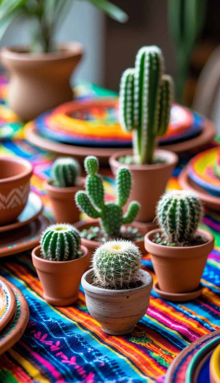 A table set with several small cactus plants in clay pots surrounded by colorful Mexican-style table decorations.