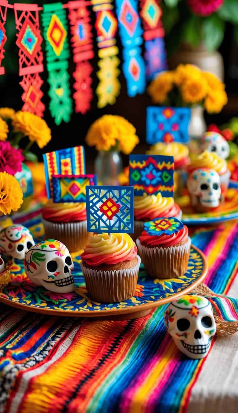 A festive table with cupcakes topped by colorful papel picado decorations surrounded by traditional Mexican decor.