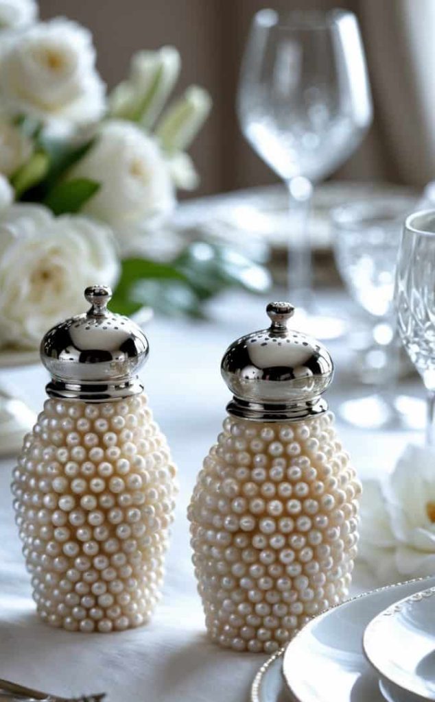 Two pearl-covered salt and pepper shakers with silver tops on an elegant, white table setting with plates, glassware, and a floral centerpiece.