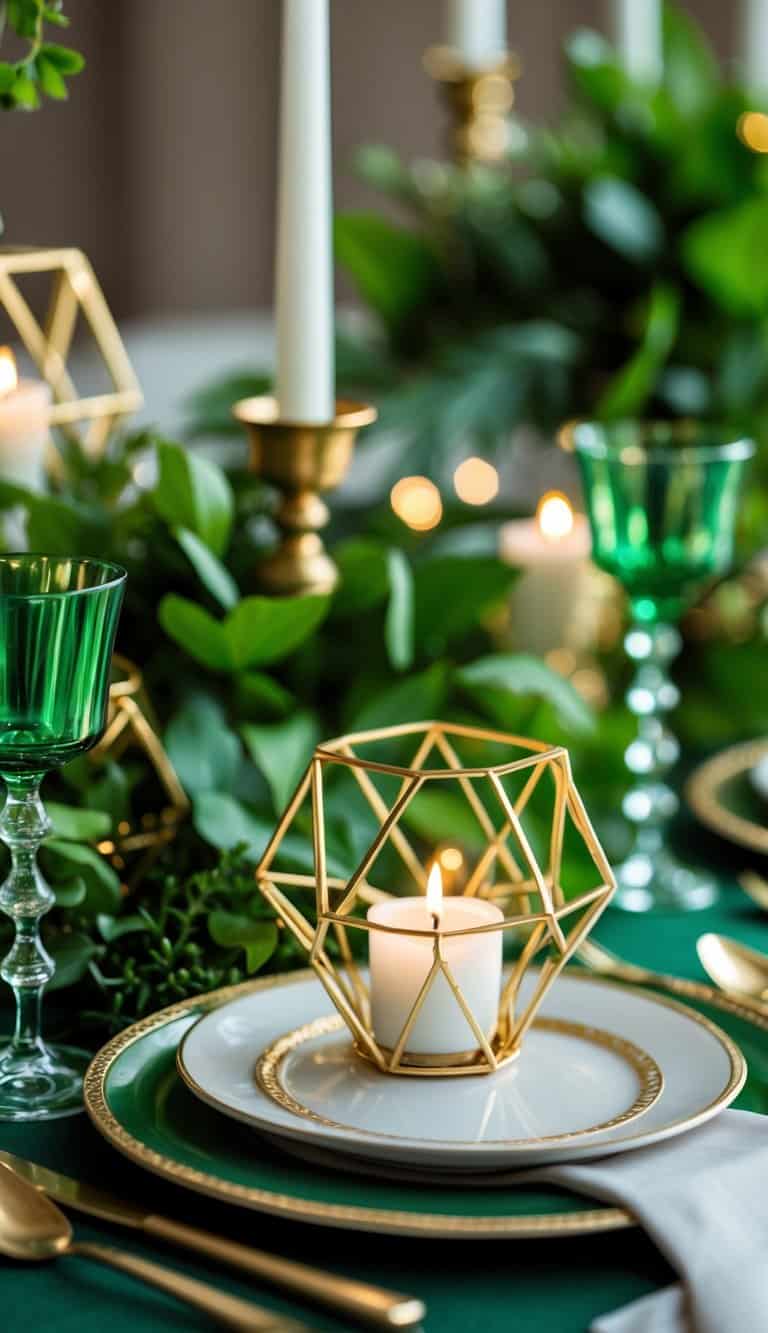 A table set with gold geometric candle holders surrounded by green foliage and gold-accented tableware.