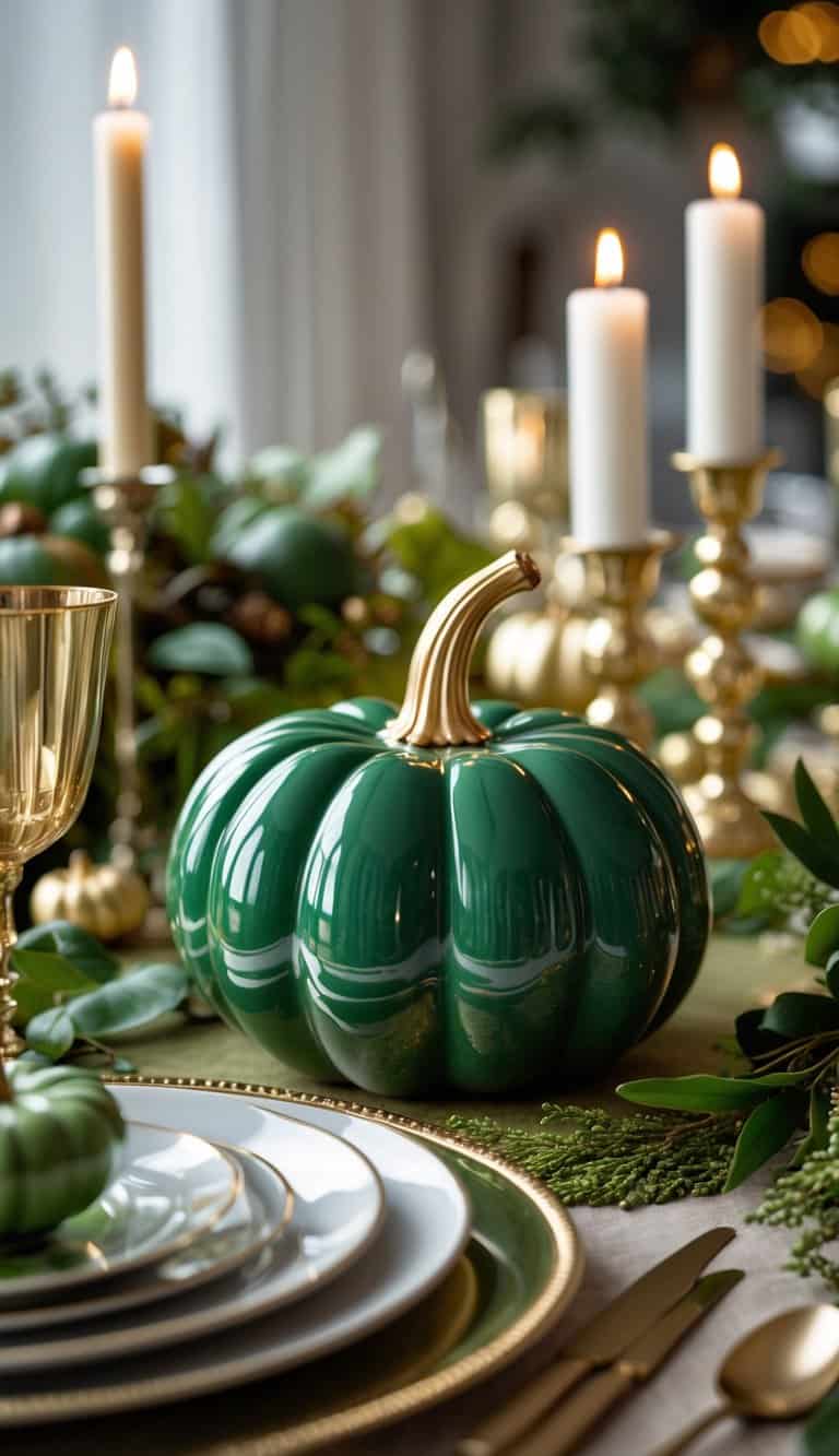 A green ceramic pumpkin with gold stems on a decorated table with green and gold accents.