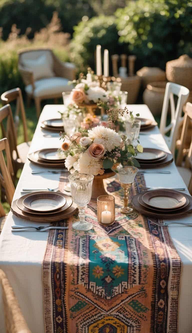A wedding table set outdoors with a patterned tablecloth, plates, glassware, and floral decorations.