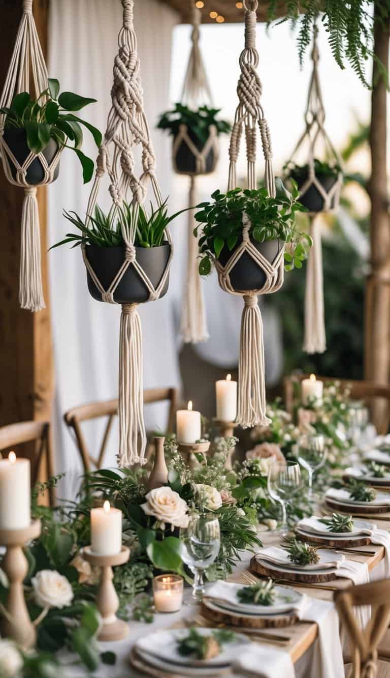 Wedding table decorated with hanging macrame plant holders, green plants, candles, and floral arrangements.