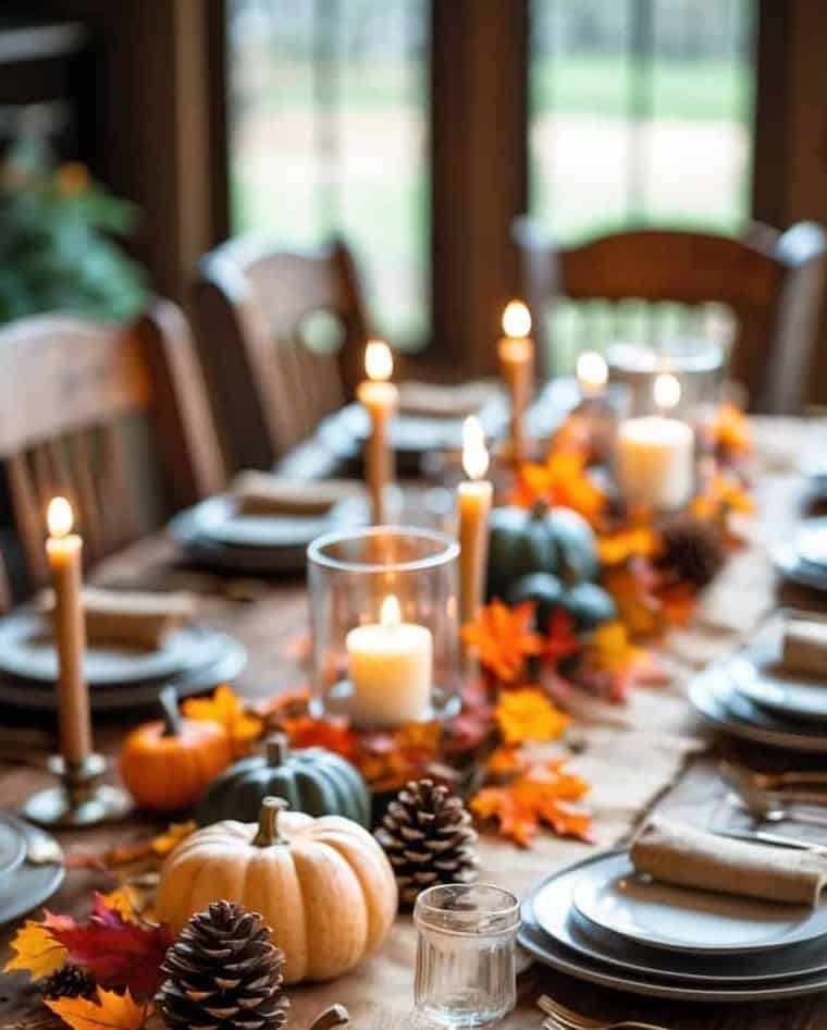 A rustic wooden table set for a meal with plates, cutlery, candles, pinecones, pumpkins, and autumn leaves as decorations.