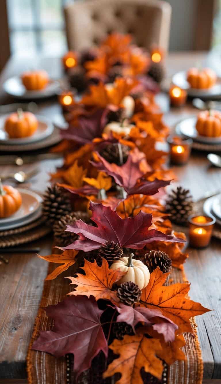 A fall dining table decorated with an orange and burgundy leaf garland, pumpkins, pinecones, and candles.