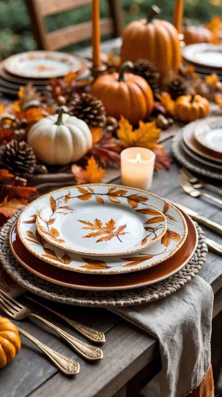 A table set for autumn with leaf-patterned plates, gold cutlery, pumpkins, pinecones, leaves, and a lit candle as decoration.