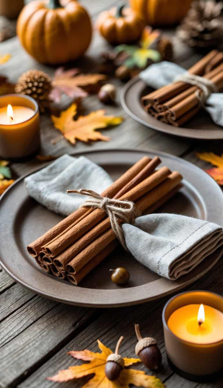 A fall table setting with napkins tied using bundles of cinnamon sticks surrounded by autumn decorations like leaves and small pumpkins.