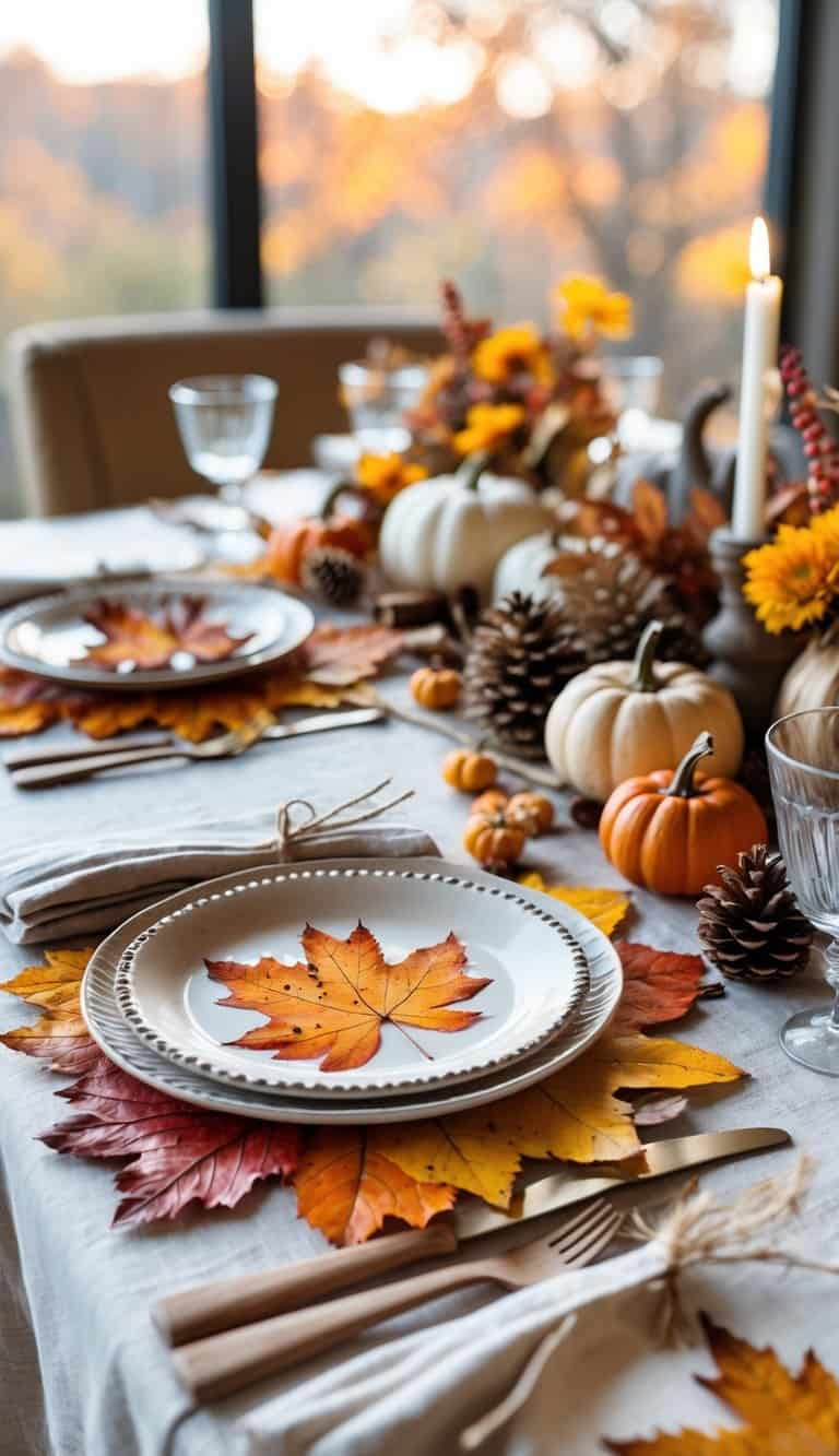 A fall table setting with pressed leaf placemats, ceramic plates, small pumpkins, pinecones, and autumn decorations arranged on a wooden table.