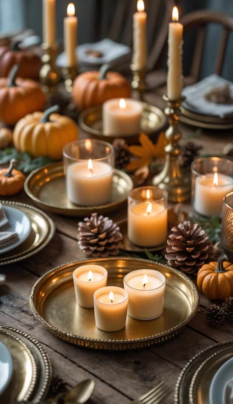 A wooden table with vintage brass trays holding lit candles surrounded by pumpkins, dried leaves, and pinecones.
