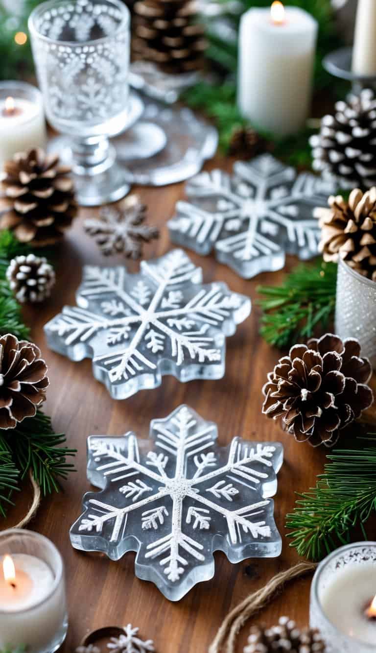 Snowflake-shaped resin coasters arranged on a wooden table with winter decorations including pine branches, pinecones, candles, and glassware.
