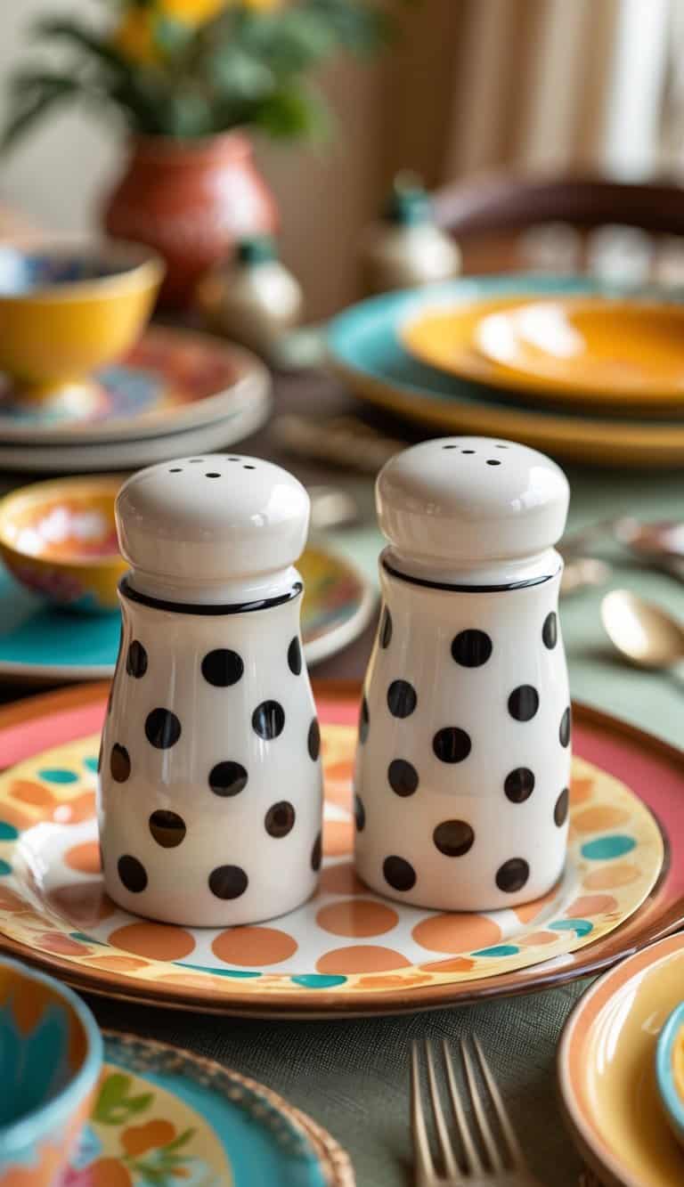 A pair of polka dot ceramic salt and pepper shakers on a retro-style table with plates and linens.