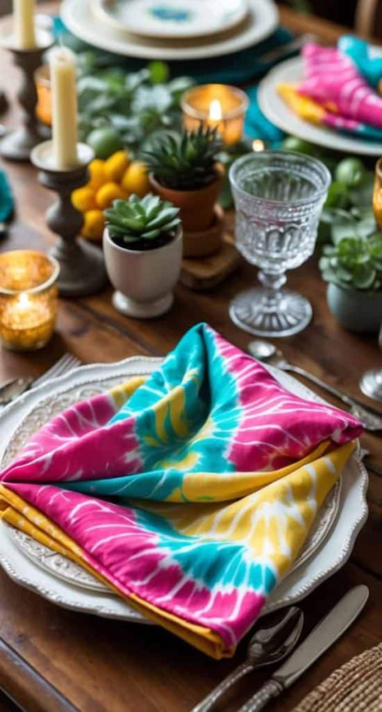 A dining table is set with colorful tie-dye napkins, white plates, silverware, candles, glassware, woven placemats, and small potted succulents as decoration.