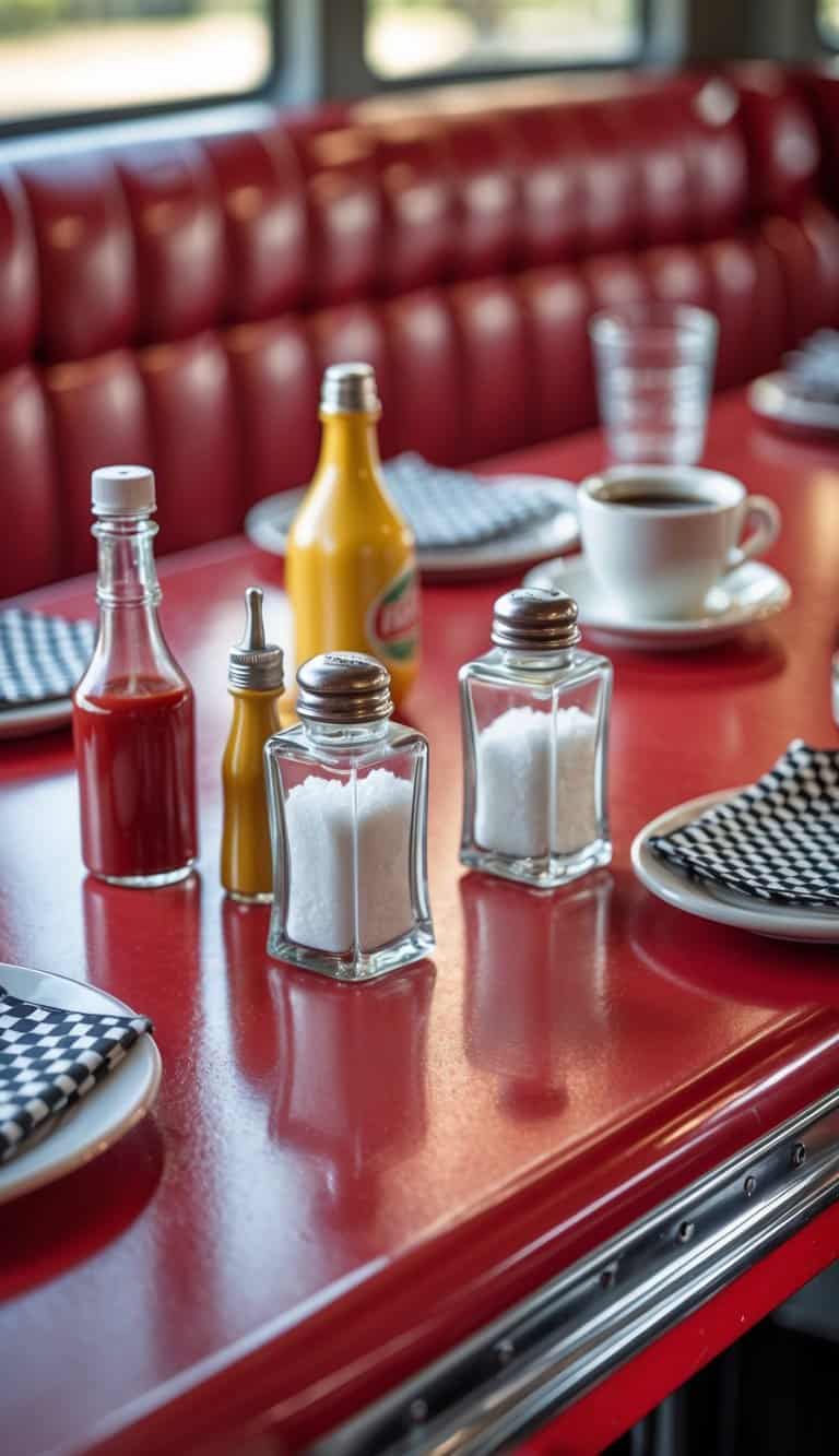 A diner table with vintage salt cellars, ketchup and mustard bottles, and a coffee cup arranged on a red tabletop.
