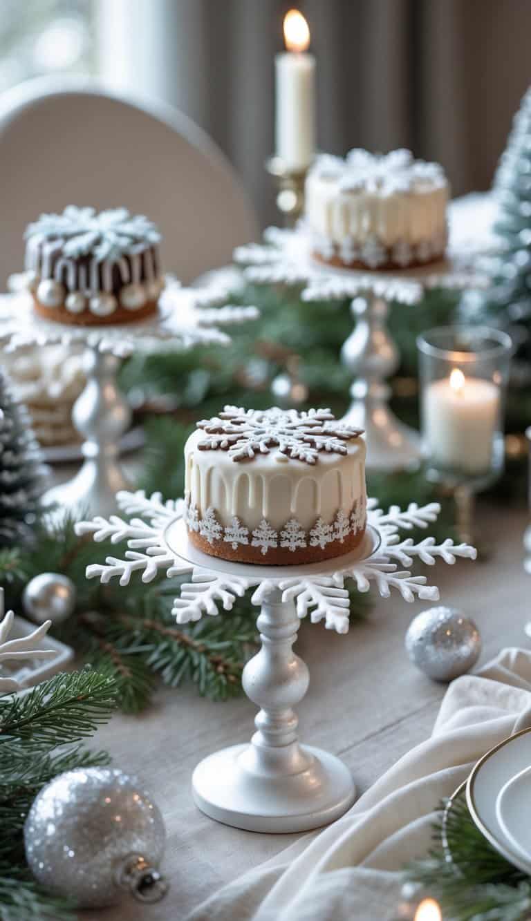 A winter tablescape featuring snowflake-shaped mini cake stands holding decorated mini cakes surrounded by frosted pine branches, candles, and silver ornaments.