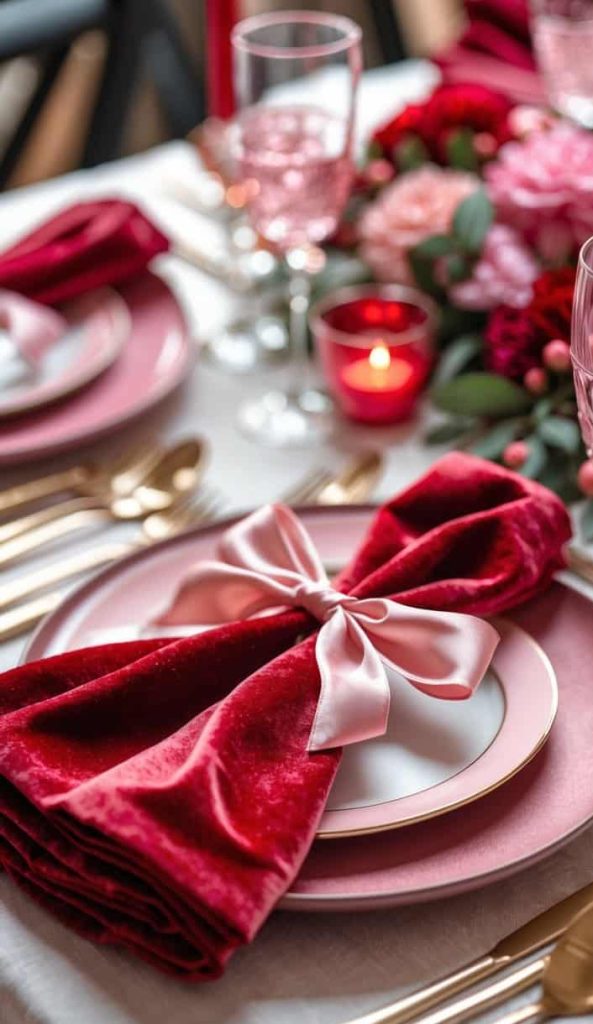 A table set with gold cutlery, pink plates, a red velvet napkin tied with a white ribbon, and floral centerpiece, with glasses and a burning red candle.