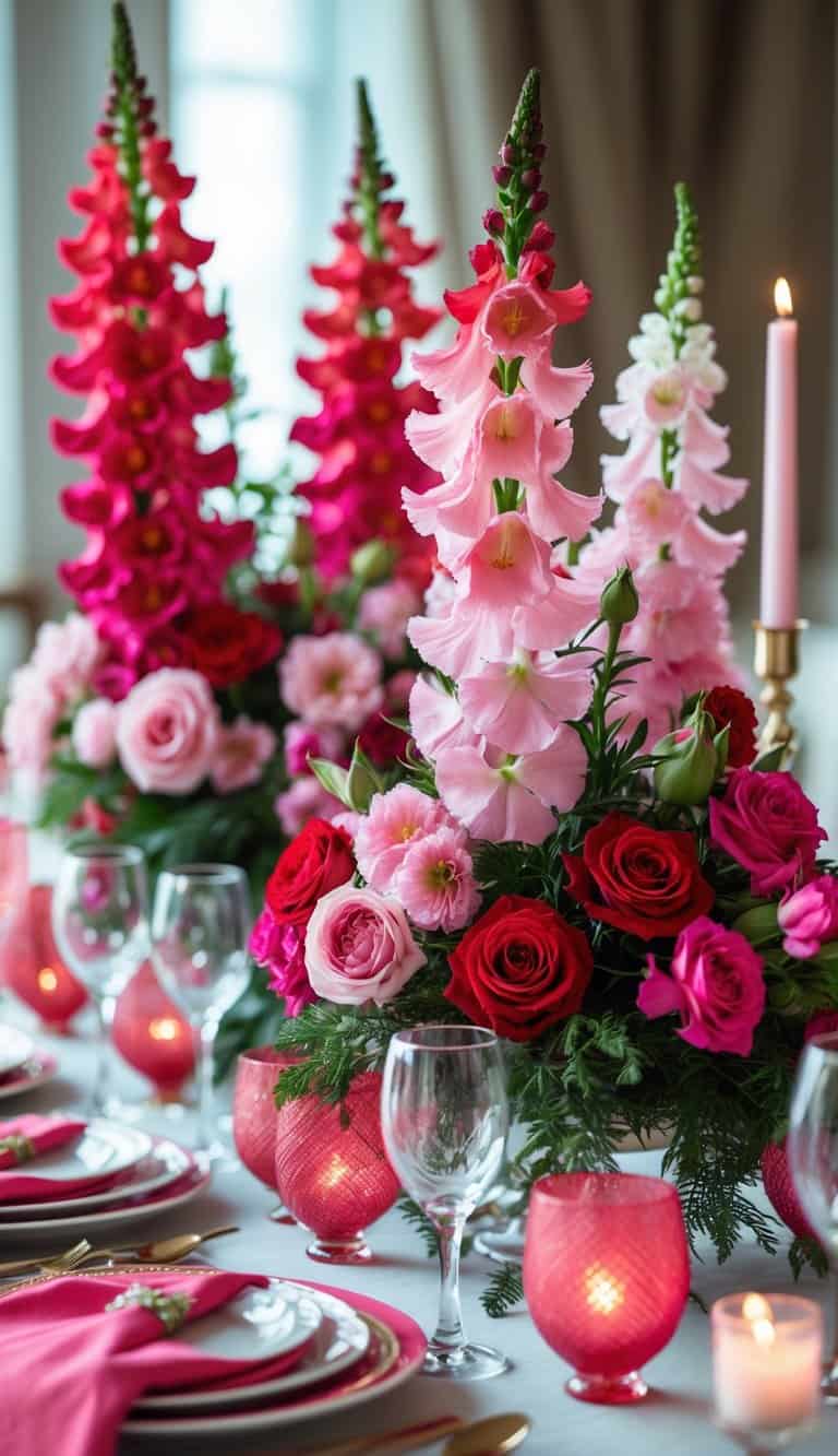A table decorated with pink and red snapdragon and rose floral arrangements surrounded by elegant table settings.