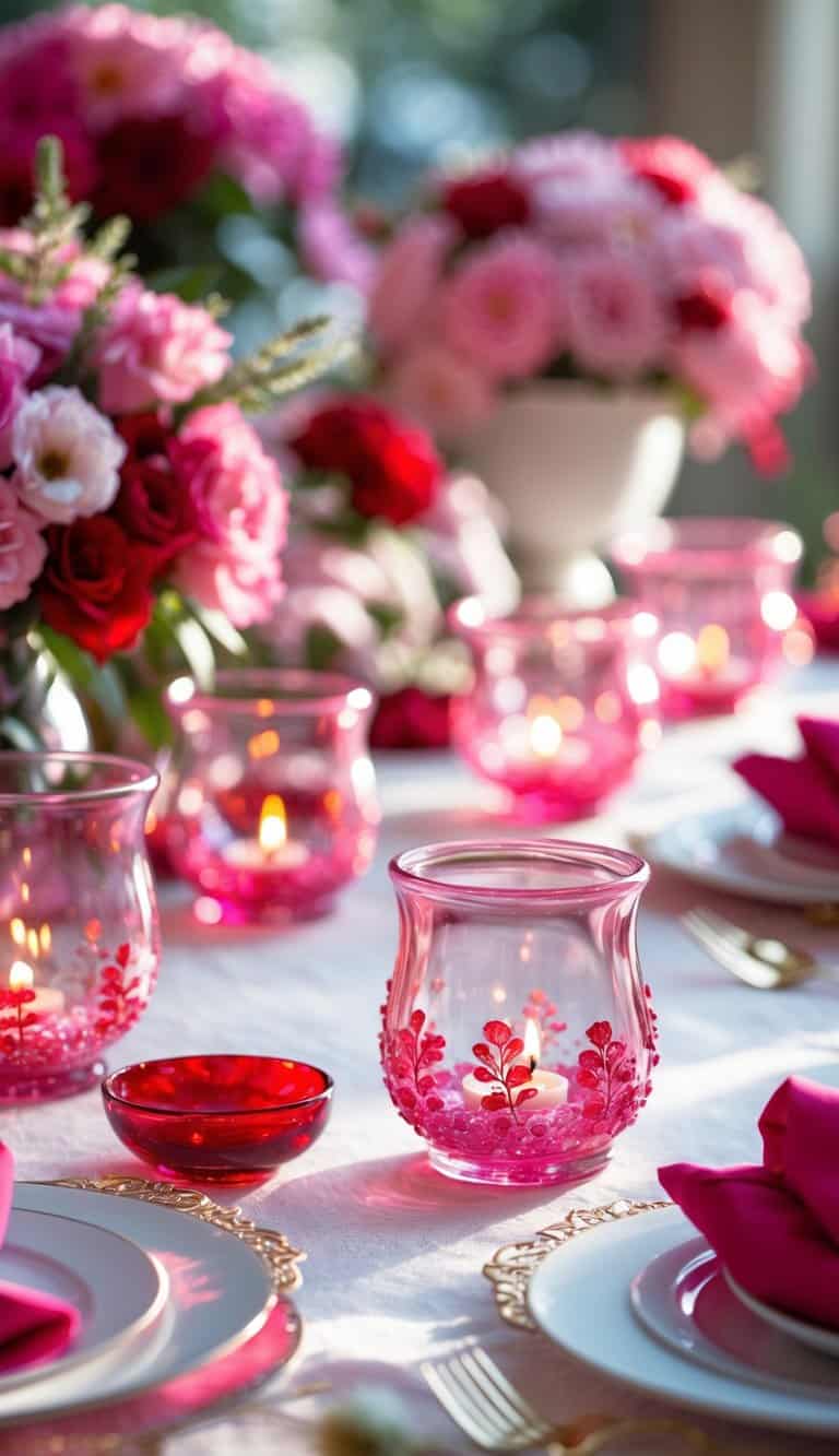 A table set with pink glass votive candle holders with red accents surrounded by matching pink and red decorative elements.