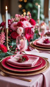 A formal table setting with pink and red plates, gold cutlery, pink napkins, floral centerpieces, and lit candles on a pink tablecloth.