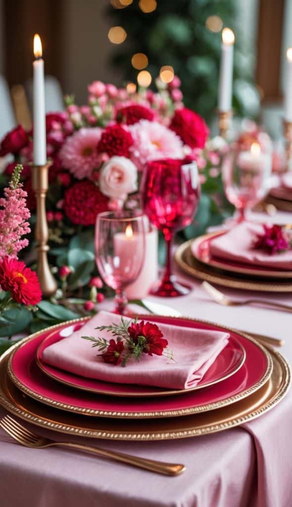 A formal table setting with pink and red plates, gold cutlery, pink napkins, floral centerpieces, and lit candles on a pink tablecloth.