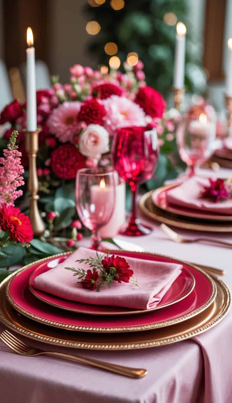 A table set with rose gold charger plates under red dinner plates, decorated with pink and red accents and floral arrangements.