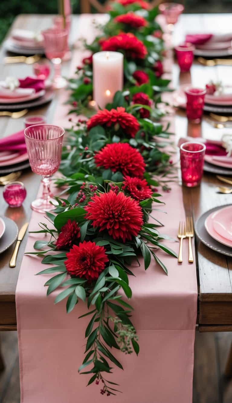 A wooden table set with a soft pink table runner and a red floral garland centerpiece, surrounded by pink and red table decorations.