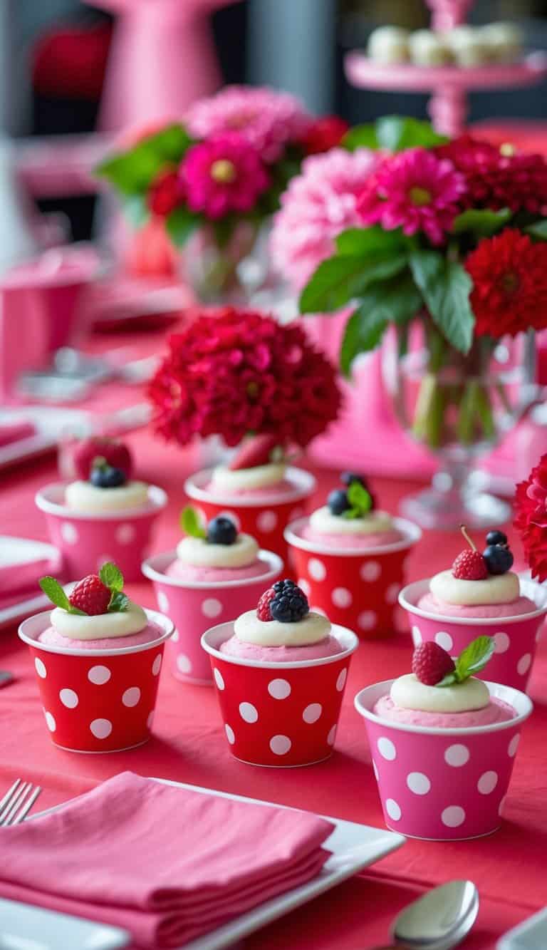 A tablescape with red and pink polka dot dessert cups arranged on pink and red decorated tables with floral centerpieces.