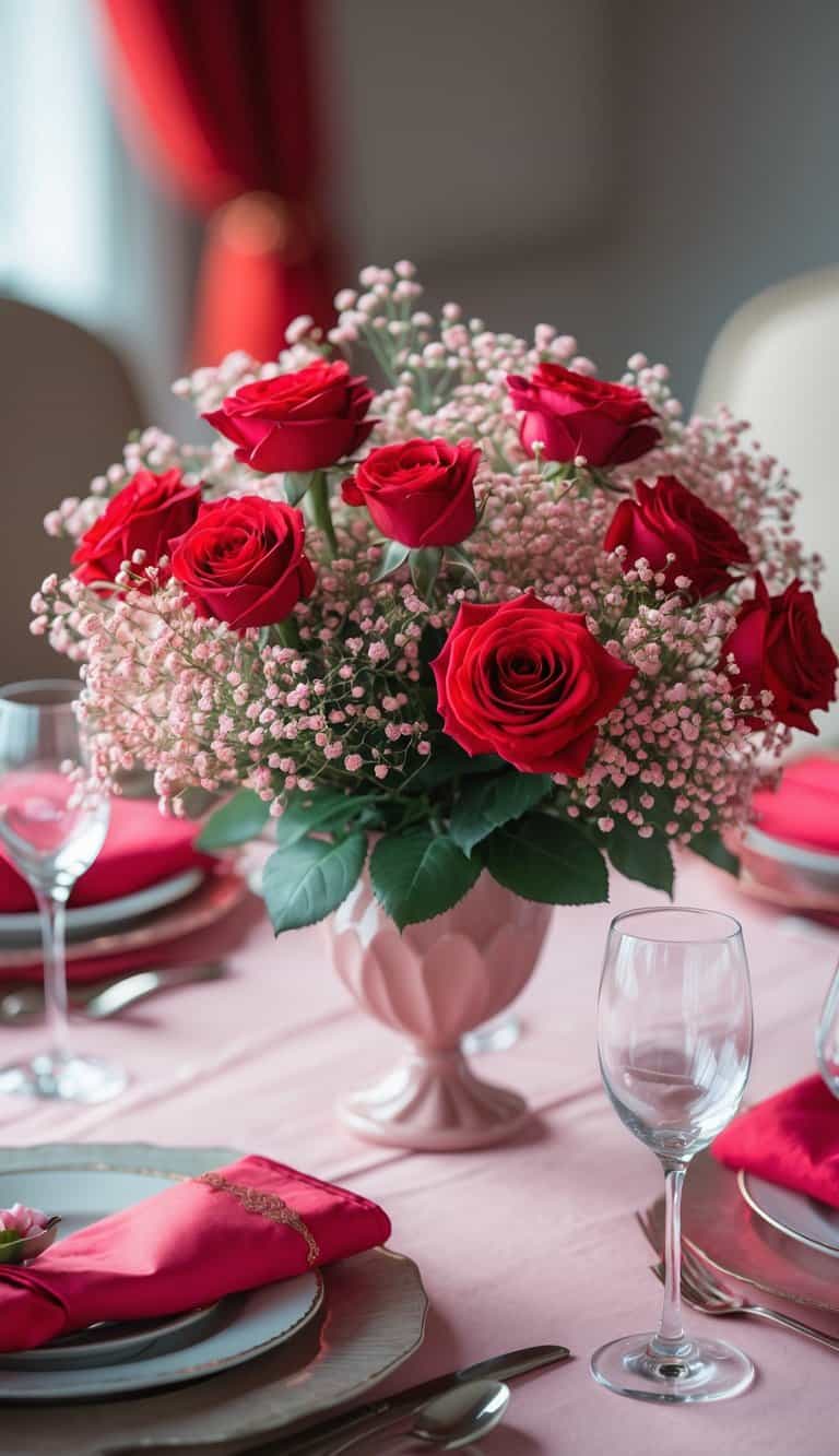 A table with a centerpiece of red roses and pink baby's breath surrounded by pink and red table decorations.